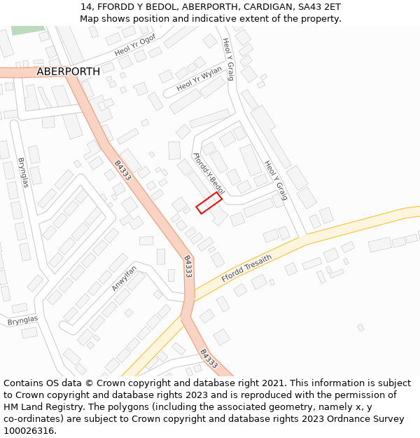 14, FFORDD Y BEDOL, ABERPORTH, CARDIGAN, SA43 2ET: Location map and indicative extent of plot