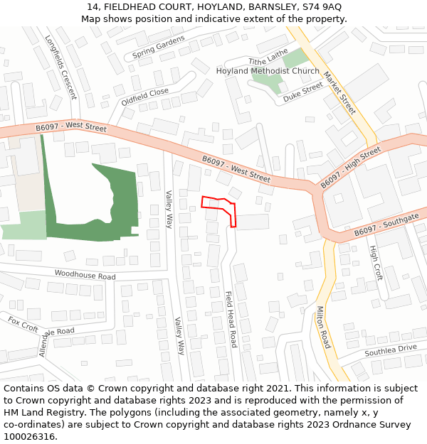 14, FIELDHEAD COURT, HOYLAND, BARNSLEY, S74 9AQ: Location map and indicative extent of plot
