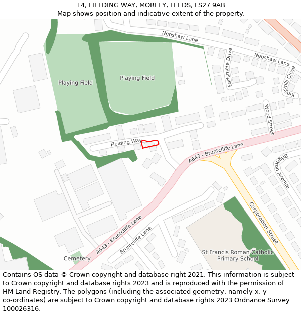 14, FIELDING WAY, MORLEY, LEEDS, LS27 9AB: Location map and indicative extent of plot