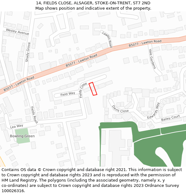 14, FIELDS CLOSE, ALSAGER, STOKE-ON-TRENT, ST7 2ND: Location map and indicative extent of plot