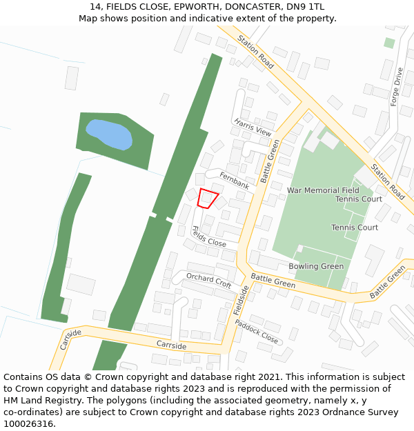 14, FIELDS CLOSE, EPWORTH, DONCASTER, DN9 1TL: Location map and indicative extent of plot