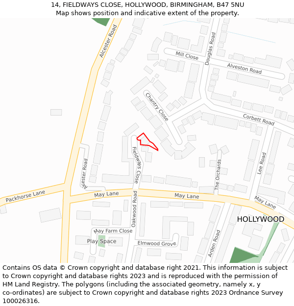 14, FIELDWAYS CLOSE, HOLLYWOOD, BIRMINGHAM, B47 5NU: Location map and indicative extent of plot