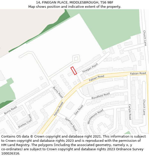 14, FINEGAN PLACE, MIDDLESBROUGH, TS6 9BF: Location map and indicative extent of plot