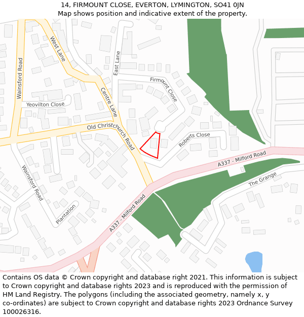 14, FIRMOUNT CLOSE, EVERTON, LYMINGTON, SO41 0JN: Location map and indicative extent of plot