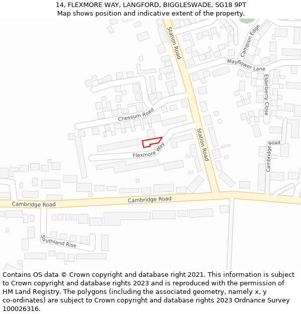 14, FLEXMORE WAY, LANGFORD, BIGGLESWADE, SG18 9PT: Location map and indicative extent of plot