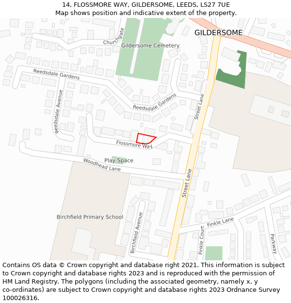 14, FLOSSMORE WAY, GILDERSOME, LEEDS, LS27 7UE: Location map and indicative extent of plot