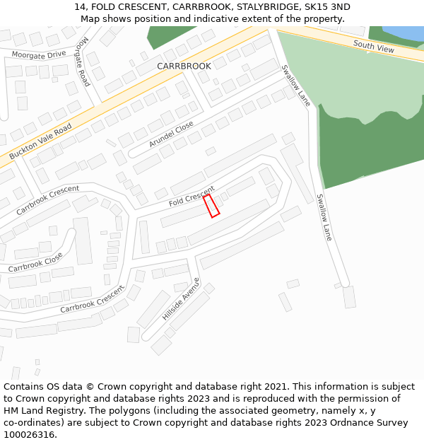 14, FOLD CRESCENT, CARRBROOK, STALYBRIDGE, SK15 3ND: Location map and indicative extent of plot