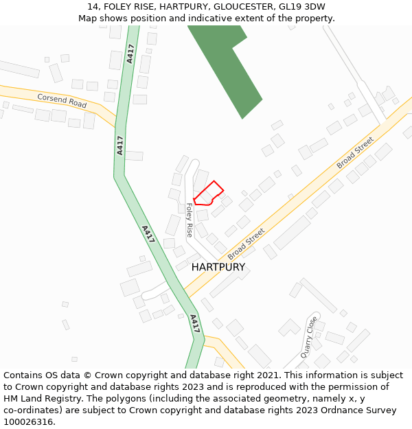 14, FOLEY RISE, HARTPURY, GLOUCESTER, GL19 3DW: Location map and indicative extent of plot