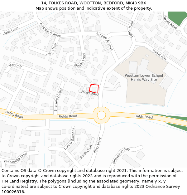 14, FOLKES ROAD, WOOTTON, BEDFORD, MK43 9BX: Location map and indicative extent of plot