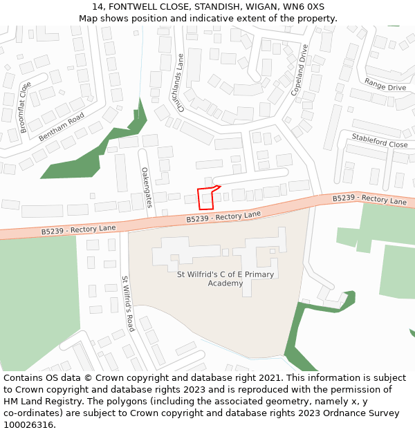 14, FONTWELL CLOSE, STANDISH, WIGAN, WN6 0XS: Location map and indicative extent of plot