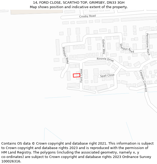 14, FORD CLOSE, SCARTHO TOP, GRIMSBY, DN33 3GH: Location map and indicative extent of plot