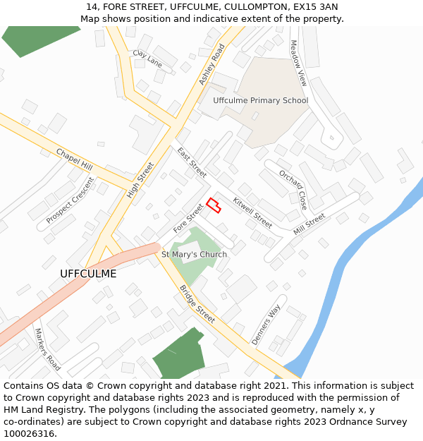 14, FORE STREET, UFFCULME, CULLOMPTON, EX15 3AN: Location map and indicative extent of plot