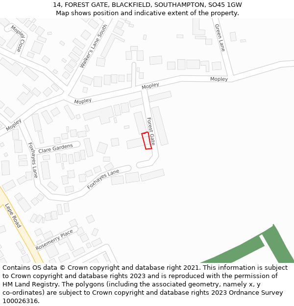 14, FOREST GATE, BLACKFIELD, SOUTHAMPTON, SO45 1GW: Location map and indicative extent of plot