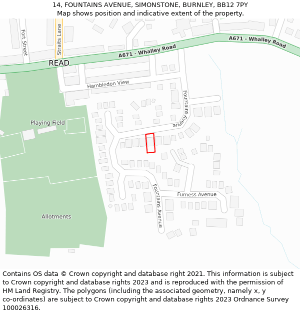 14, FOUNTAINS AVENUE, SIMONSTONE, BURNLEY, BB12 7PY: Location map and indicative extent of plot