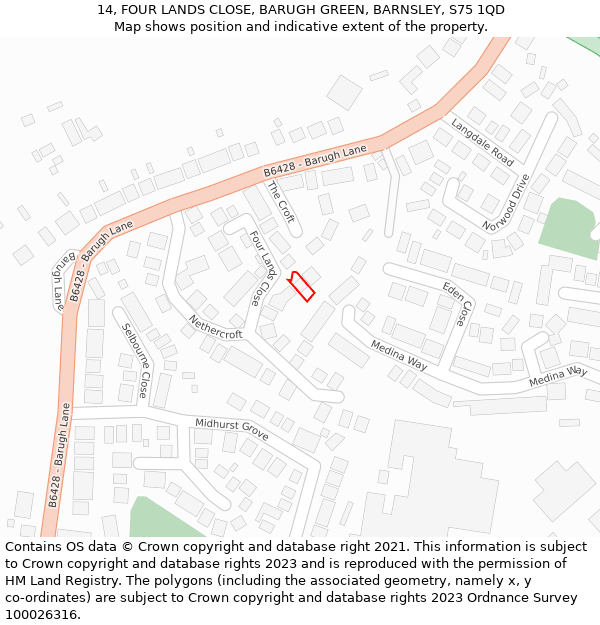 14, FOUR LANDS CLOSE, BARUGH GREEN, BARNSLEY, S75 1QD: Location map and indicative extent of plot