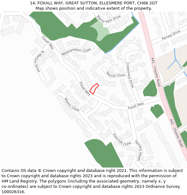 14, FOXALL WAY, GREAT SUTTON, ELLESMERE PORT, CH66 2GT: Location map and indicative extent of plot