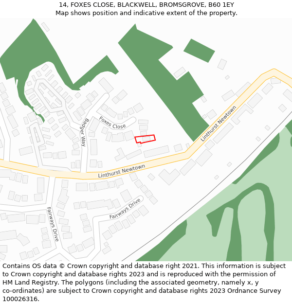 14, FOXES CLOSE, BLACKWELL, BROMSGROVE, B60 1EY: Location map and indicative extent of plot