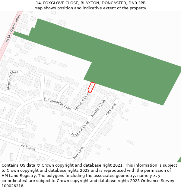 14, FOXGLOVE CLOSE, BLAXTON, DONCASTER, DN9 3PR: Location map and indicative extent of plot