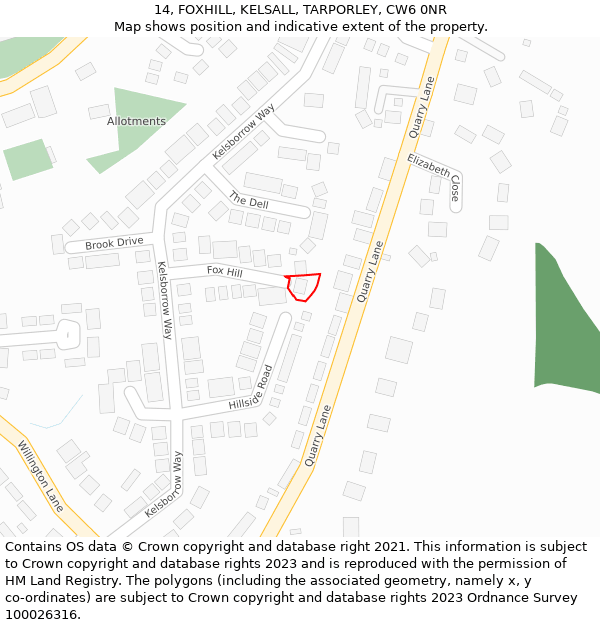 14, FOXHILL, KELSALL, TARPORLEY, CW6 0NR: Location map and indicative extent of plot