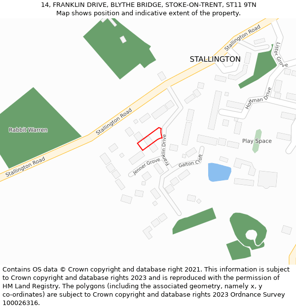 14, FRANKLIN DRIVE, BLYTHE BRIDGE, STOKE-ON-TRENT, ST11 9TN: Location map and indicative extent of plot