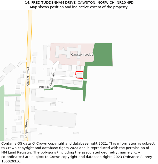 14, FRED TUDDENHAM DRIVE, CAWSTON, NORWICH, NR10 4FD: Location map and indicative extent of plot