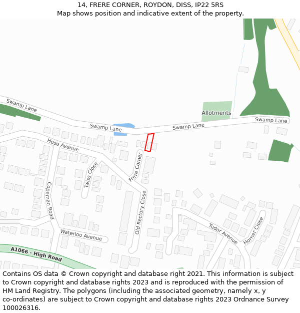 14, FRERE CORNER, ROYDON, DISS, IP22 5RS: Location map and indicative extent of plot