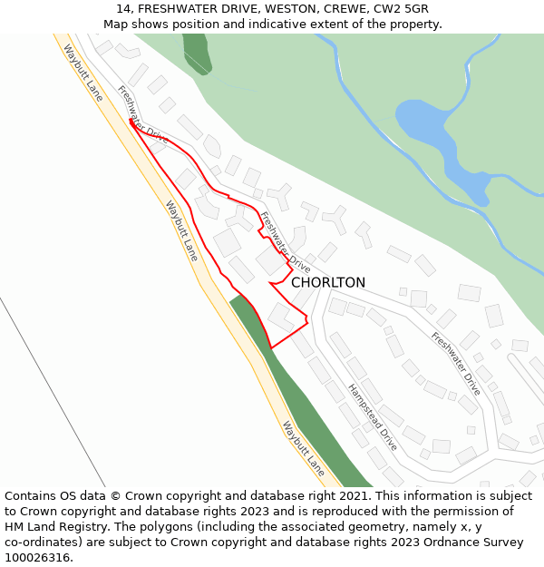 14, FRESHWATER DRIVE, WESTON, CREWE, CW2 5GR: Location map and indicative extent of plot