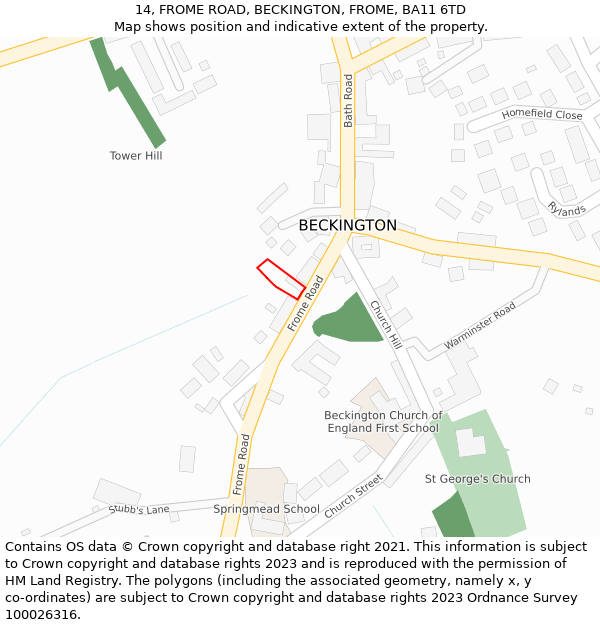 14, FROME ROAD, BECKINGTON, FROME, BA11 6TD: Location map and indicative extent of plot