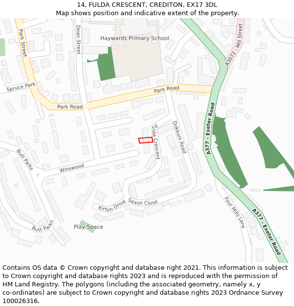 14, FULDA CRESCENT, CREDITON, EX17 3DL: Location map and indicative extent of plot