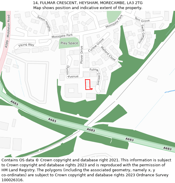 14, FULMAR CRESCENT, HEYSHAM, MORECAMBE, LA3 2TG: Location map and indicative extent of plot