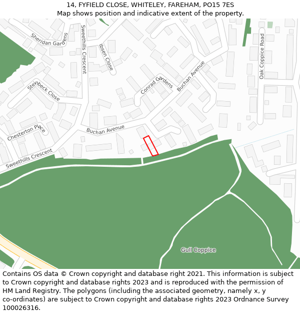 14, FYFIELD CLOSE, WHITELEY, FAREHAM, PO15 7ES: Location map and indicative extent of plot