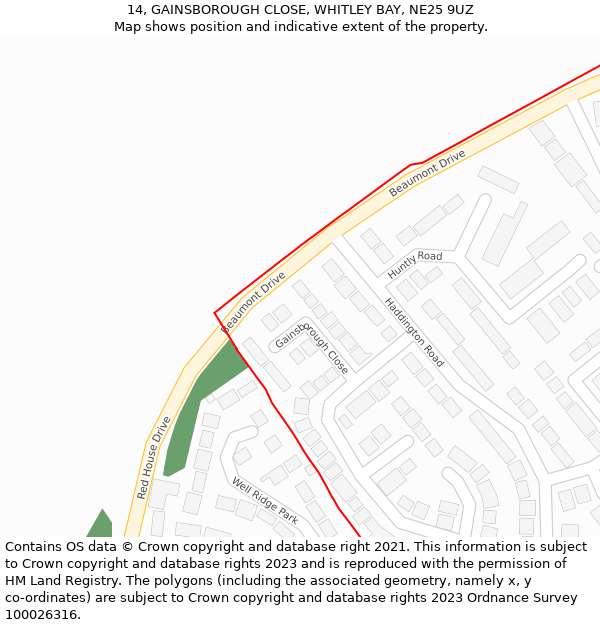 14, GAINSBOROUGH CLOSE, WHITLEY BAY, NE25 9UZ: Location map and indicative extent of plot