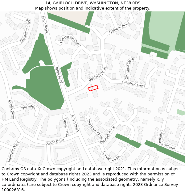 14, GAIRLOCH DRIVE, WASHINGTON, NE38 0DS: Location map and indicative extent of plot