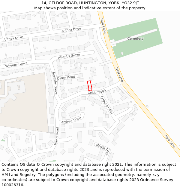 14, GELDOF ROAD, HUNTINGTON, YORK, YO32 9JT: Location map and indicative extent of plot