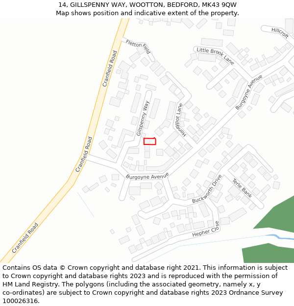 14, GILLSPENNY WAY, WOOTTON, BEDFORD, MK43 9QW: Location map and indicative extent of plot