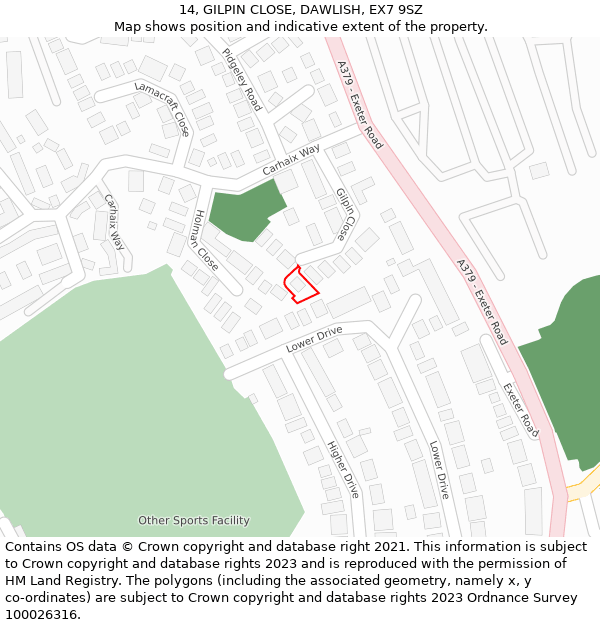 14, GILPIN CLOSE, DAWLISH, EX7 9SZ: Location map and indicative extent of plot