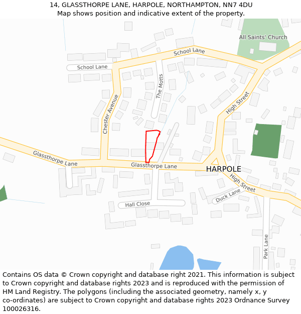 14, GLASSTHORPE LANE, HARPOLE, NORTHAMPTON, NN7 4DU: Location map and indicative extent of plot