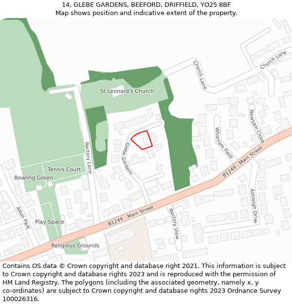 14, GLEBE GARDENS, BEEFORD, DRIFFIELD, YO25 8BF: Location map and indicative extent of plot