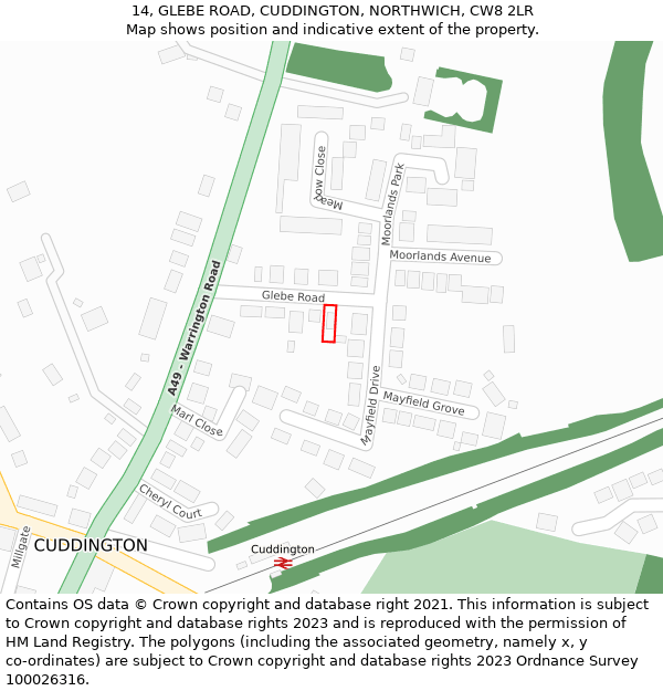 14, GLEBE ROAD, CUDDINGTON, NORTHWICH, CW8 2LR: Location map and indicative extent of plot