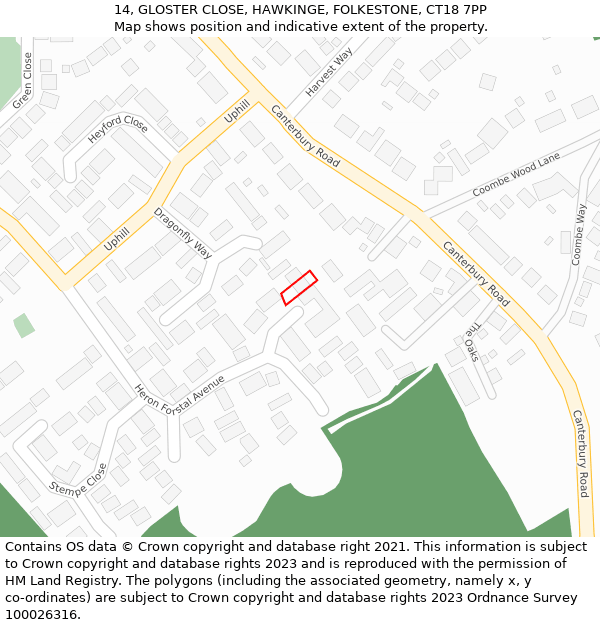 14, GLOSTER CLOSE, HAWKINGE, FOLKESTONE, CT18 7PP: Location map and indicative extent of plot