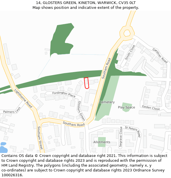 14, GLOSTERS GREEN, KINETON, WARWICK, CV35 0LT: Location map and indicative extent of plot