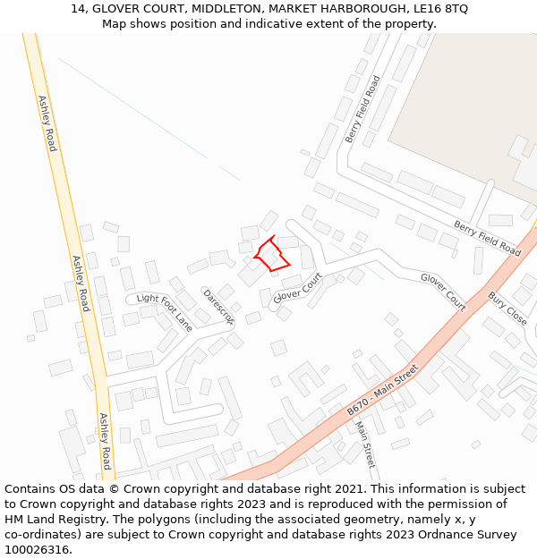 14, GLOVER COURT, MIDDLETON, MARKET HARBOROUGH, LE16 8TQ: Location map and indicative extent of plot