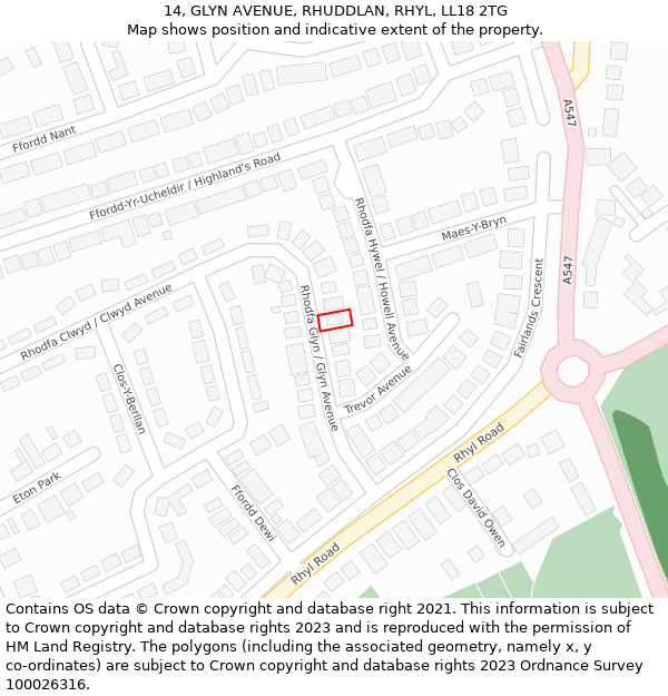 14, GLYN AVENUE, RHUDDLAN, RHYL, LL18 2TG: Location map and indicative extent of plot