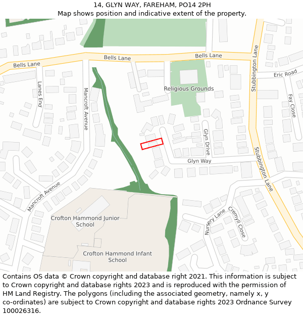 14, GLYN WAY, FAREHAM, PO14 2PH: Location map and indicative extent of plot