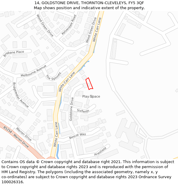 14, GOLDSTONE DRIVE, THORNTON-CLEVELEYS, FY5 3QF: Location map and indicative extent of plot