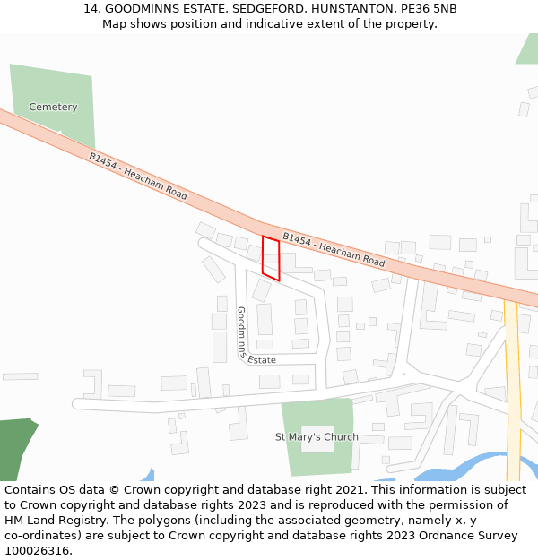 14, GOODMINNS ESTATE, SEDGEFORD, HUNSTANTON, PE36 5NB: Location map and indicative extent of plot