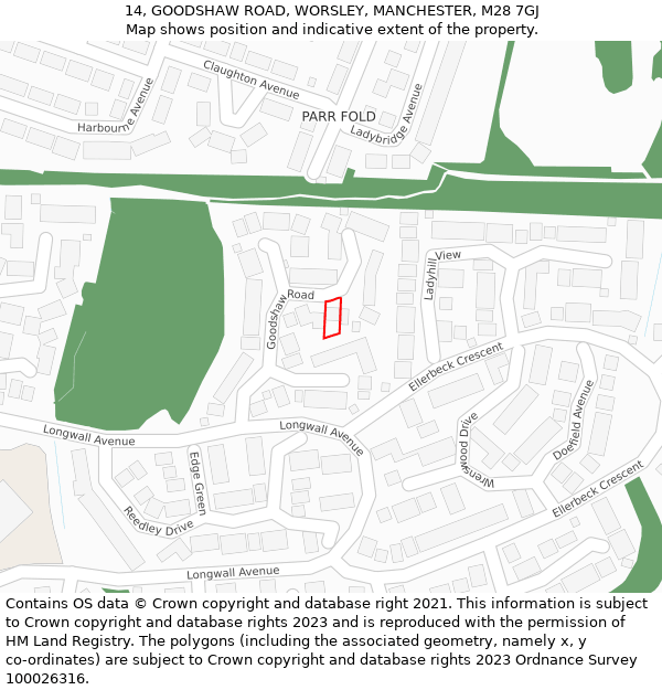 14, GOODSHAW ROAD, WORSLEY, MANCHESTER, M28 7GJ: Location map and indicative extent of plot