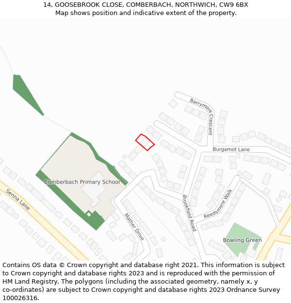 14, GOOSEBROOK CLOSE, COMBERBACH, NORTHWICH, CW9 6BX: Location map and indicative extent of plot