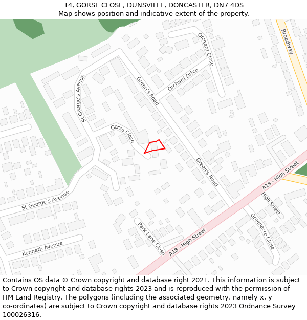 14, GORSE CLOSE, DUNSVILLE, DONCASTER, DN7 4DS: Location map and indicative extent of plot