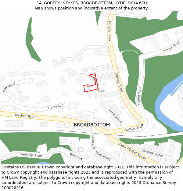 14, GORSEY INTAKES, BROADBOTTOM, HYDE, SK14 6EH: Location map and indicative extent of plot